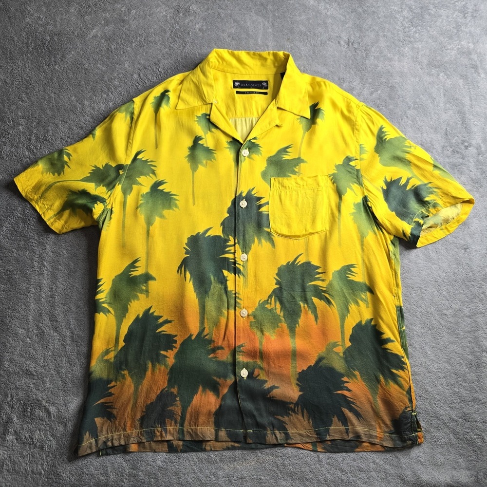 AllSaints Islands Shirt Mens Medium Yellow Palm Print Short Sleeve Relaxed Fit